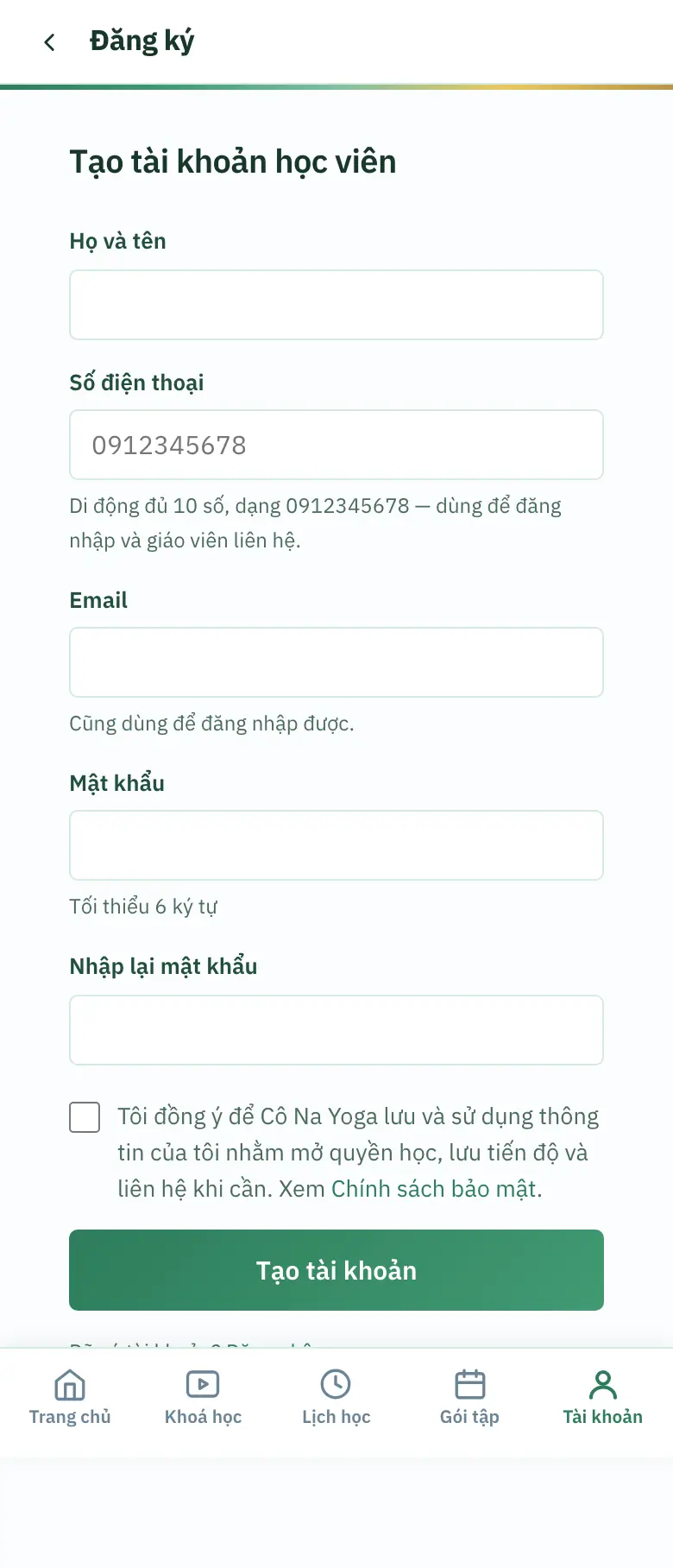 Màn Tạo tài khoản học viên trên điện thoại